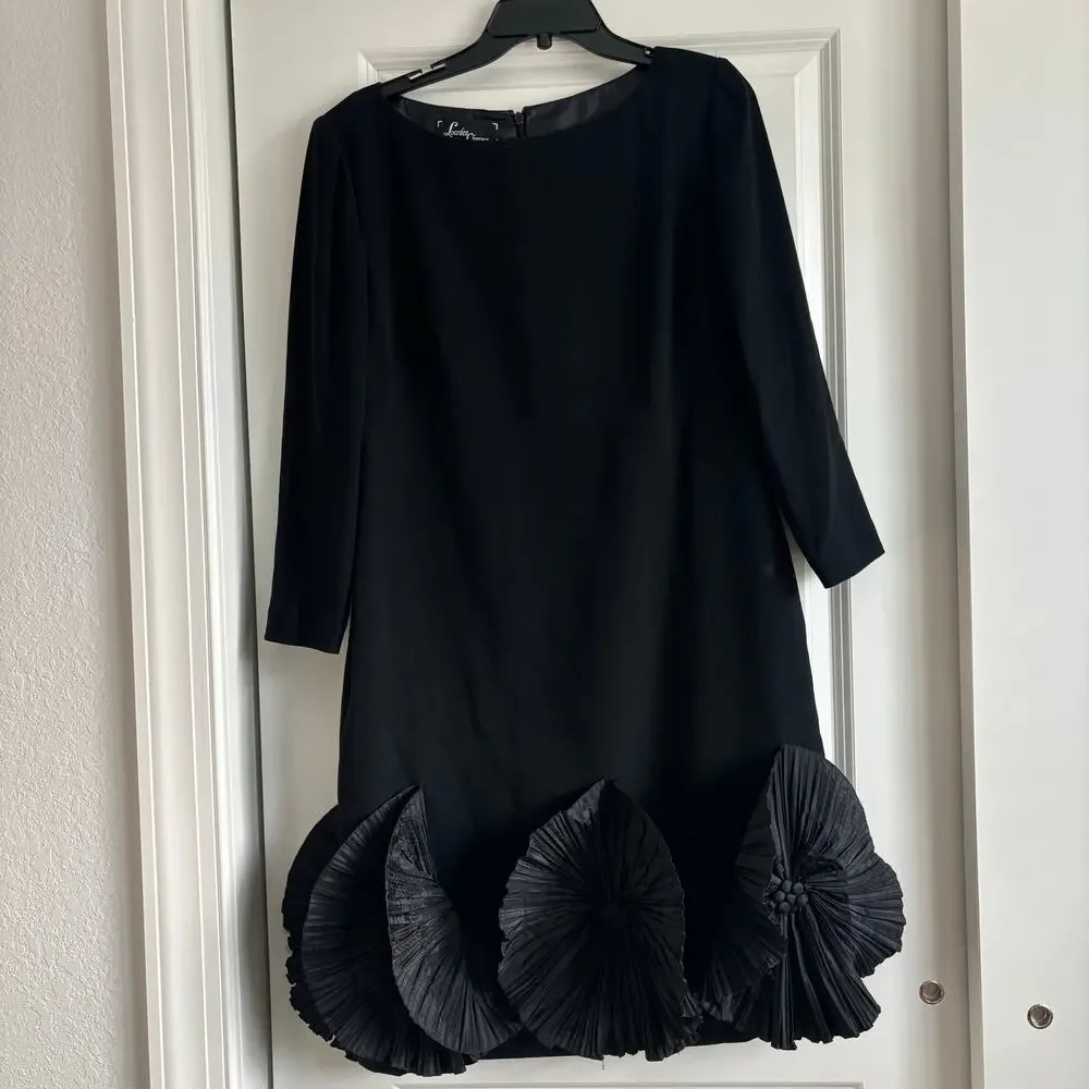 Lourdes Chavez Black Crepe Shift Dress Pleated Rosette Hem Detail Size 12 - Picture 2 of 16